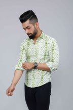 Miravan Men's Premium Green and White Slim Fit Tie Dye Cotton Shirt