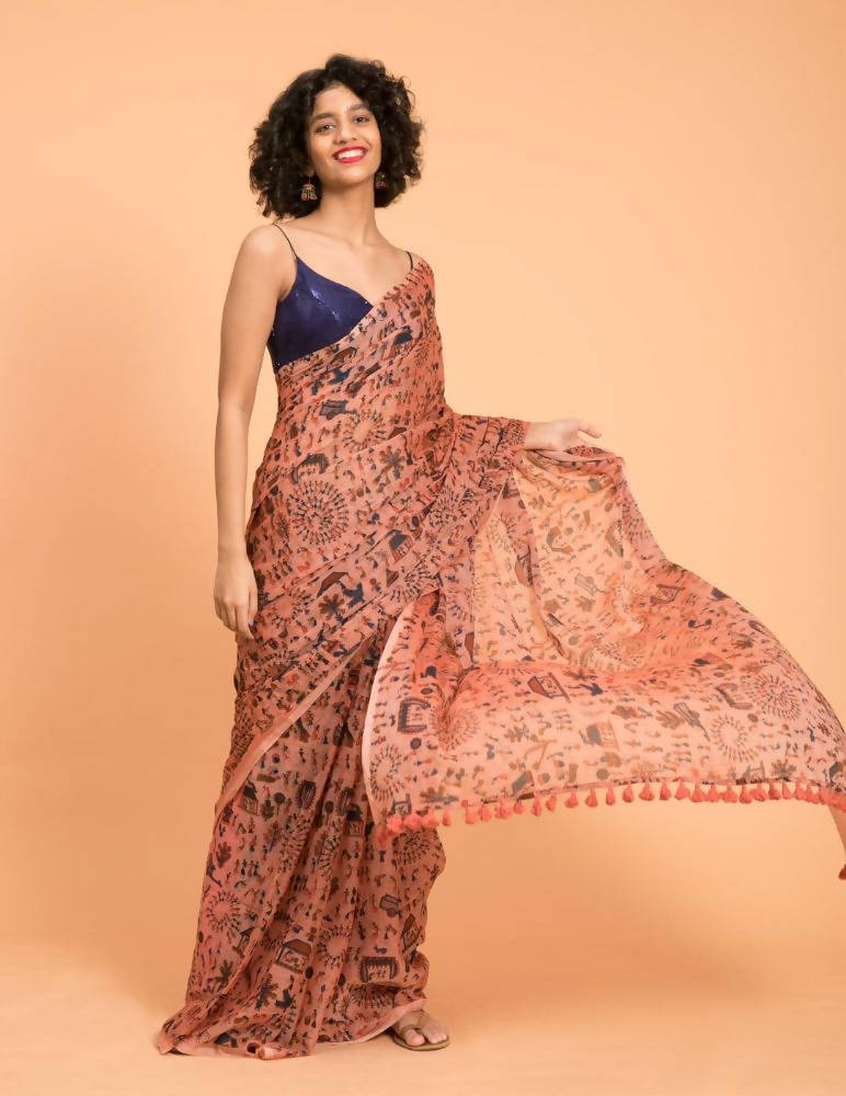 Suta Peach Blue Warli Printed Pure Cotton Saree - Distacart