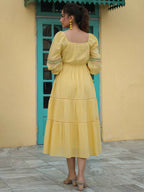 Juniper Women's Yellow Cotton Dobby Embroidered Flared Dress - Distacart