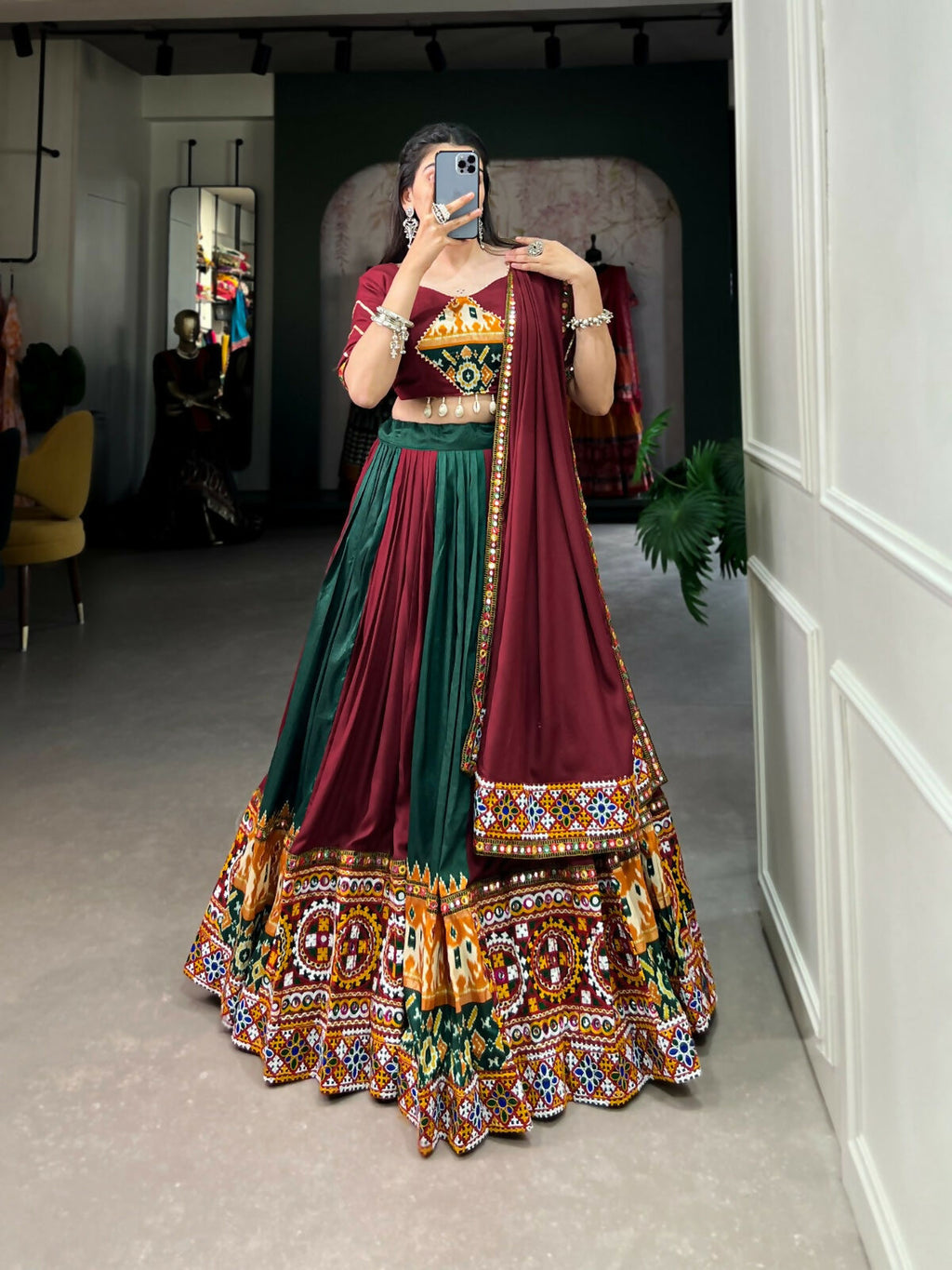 Vastranavya Navaratri Special Rayon with Printed Patch With Gota Patti And Paper Mirror Work And Cowrie (Kodi) Lace Touch Up Lehenga with Stitched Blouse - Maroon