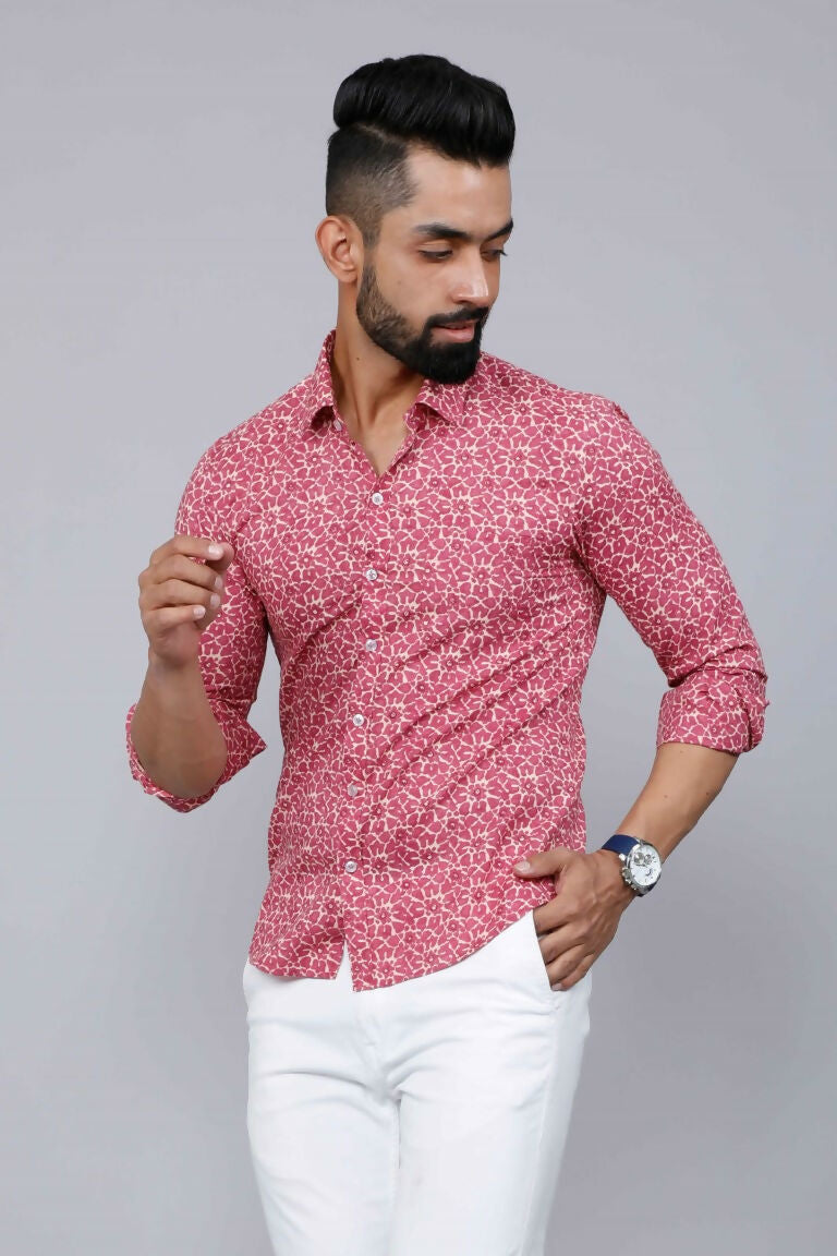 Miravan Men's Cotton Pink Floral Printed Shirt