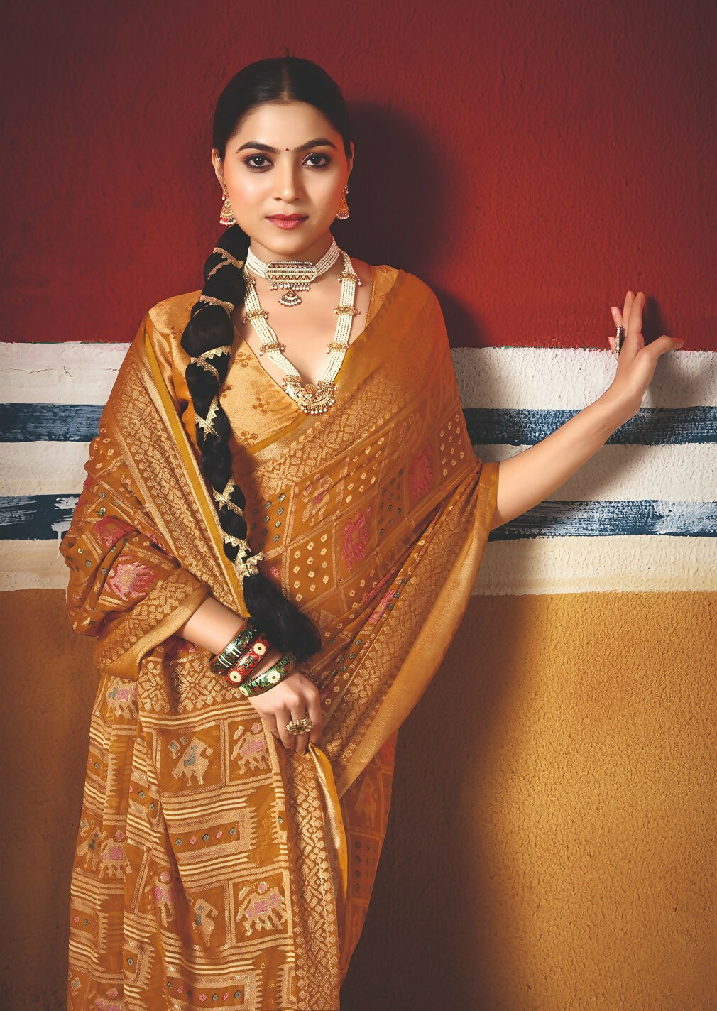 Joban Fashion Yellow Dull Moss Brasso Saree - Distacart