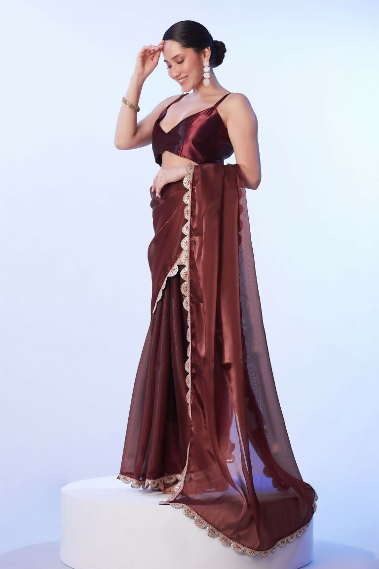Coffee Brown Satin Solid Designer & Lace Work Saree - Samaa