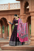 Vastranavya Navaratri Collection Myra Silk Lehenga & Blouse With Maslin Crochet Printed Dupatta Set - Wine