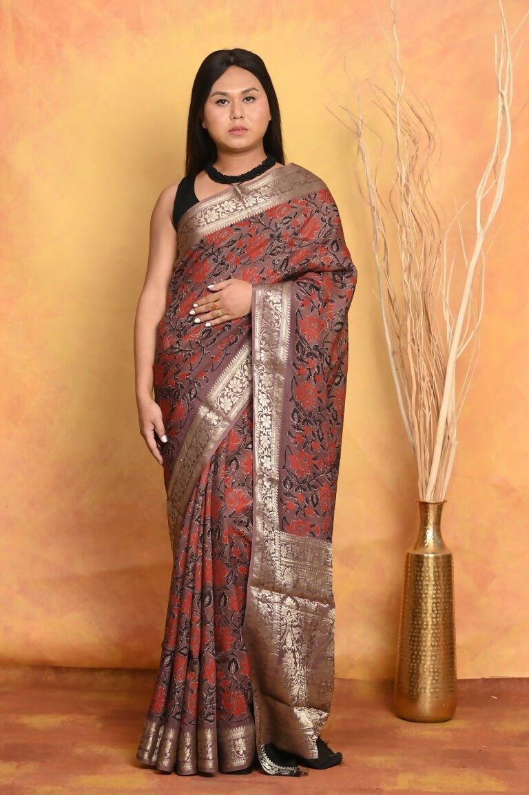Very Much Indian Modal Silk Ajrakh Handblock Printed Natural Dyes With Designer Border Saree - Maroon