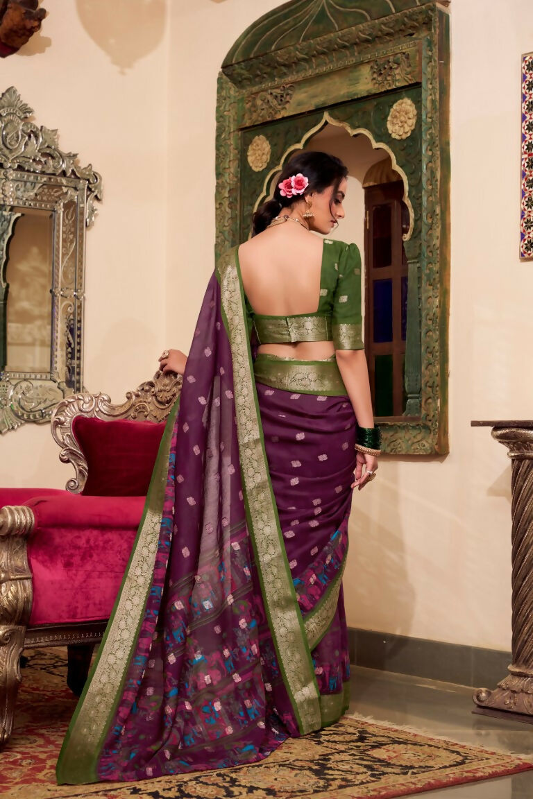 Vastranavya Wine Poly Cotton Kalamkari Printed Saree with Unstitched Blouse