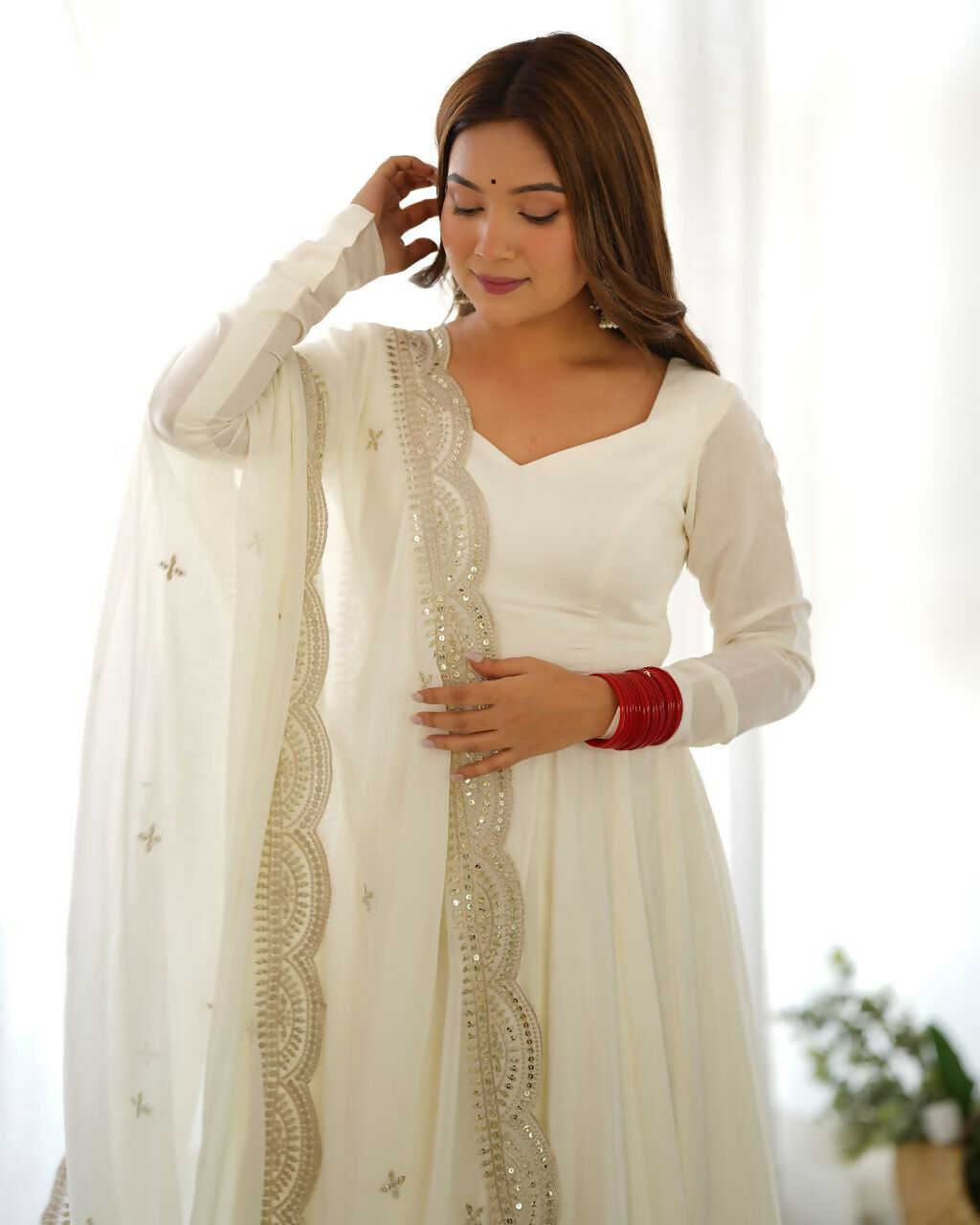 Lehenga Mart Designer Anarkali Suit With Kurta, Pant, Dupatta For Women-Off White - Distacart