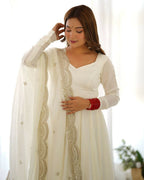 Lehenga Mart Designer Anarkali Suit With Kurta, Pant, Dupatta For Women-Off White - Distacart