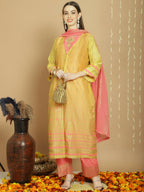 Jyoti Fashion Women's Yellow Chanderi Silk Elegant Jardoshi Semi Kurta with Trouser & Dupatta