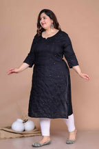 Miravan Women's Plus Size Black Mirror Work Embroidered Pakistani Straight Kurti