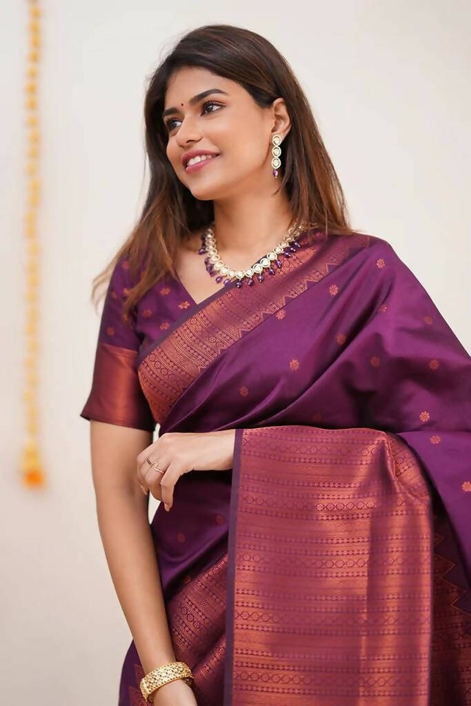 DEIANA'S Beautiful Designer Golden zari Soft Lichi Silk Saree - Wine