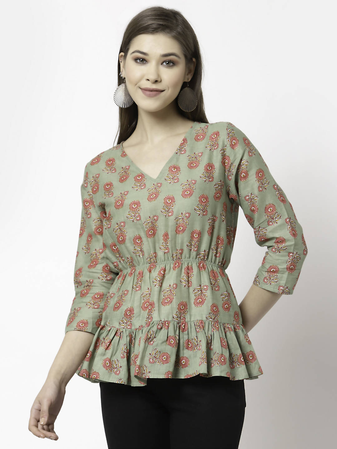 Myshka Printed 3/4 Sleeve V-Neck Casual Pure Cotton Green Top For Women