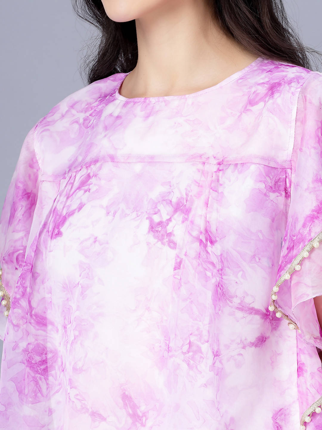 Myshka Organza Printed Short Sleeve Round Pink Women Top - Distacart