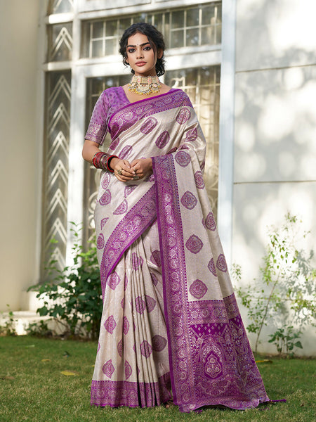 Shree Shyam Fashion Cream With Purple Silk Blend Saree