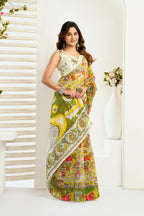 Vastranavya Yellow Digital Printed Linen Ready To Wear Designer Saree with Unstitched Blouse - Distacart