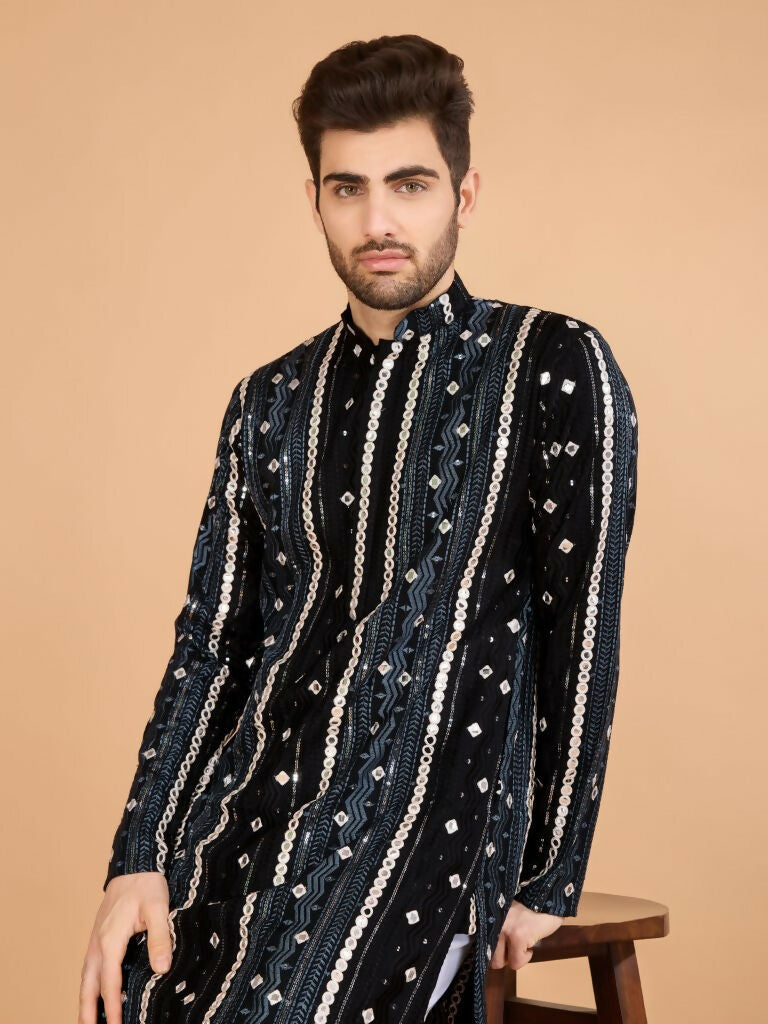 Vastranavya Black Exclusive Festival Wear Pure Viscose Rayon Sequence & Foil Mirror Heavy Embroidered Work Kurta