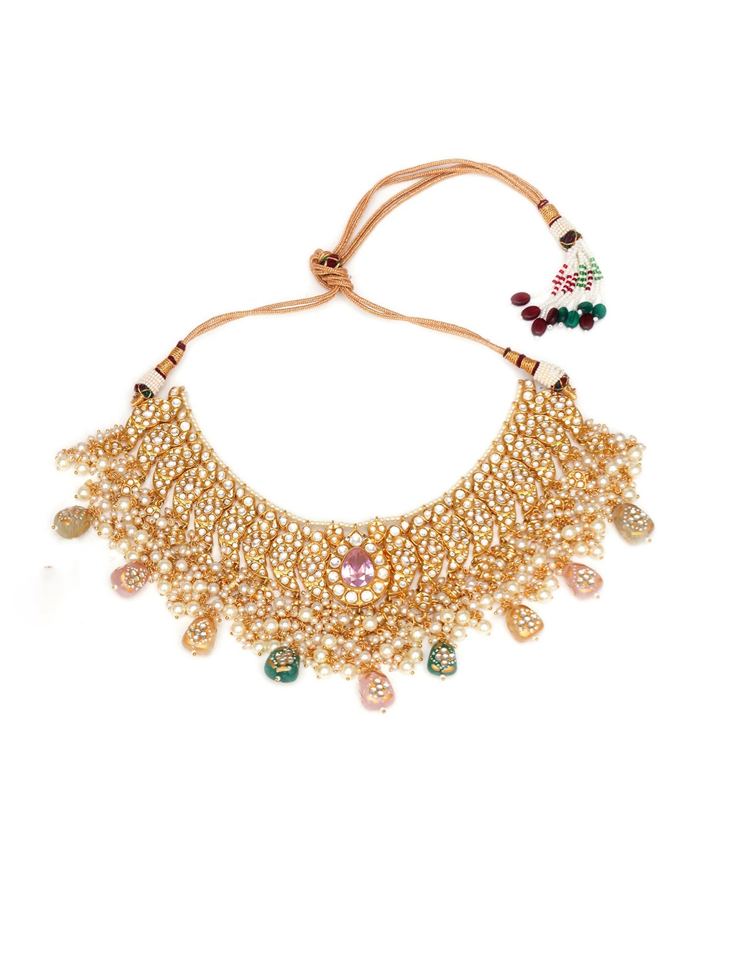 Kundan Choker with Matching Earrings & Maang Tikka Jewellery Set (Gold) - Ruby Raang