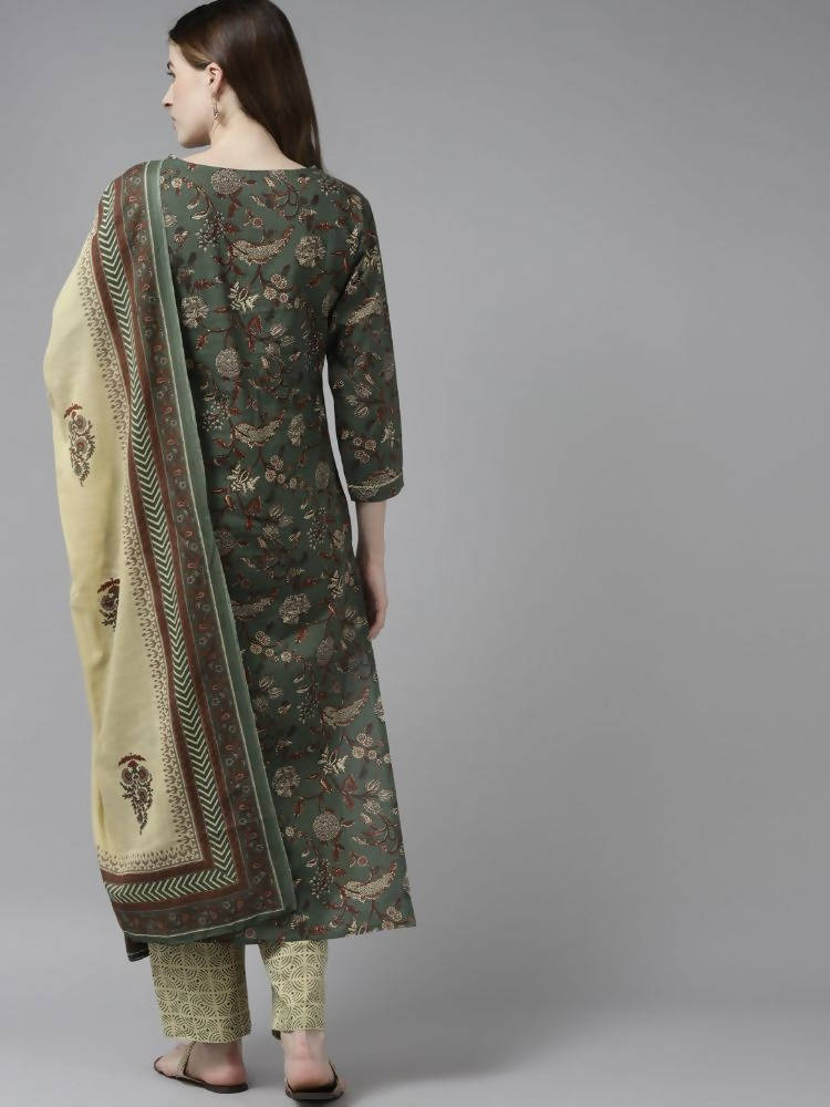 Yufta Women Green and Beige Floral Print Pure Cotton Kurta with Palazzo and Dupatta