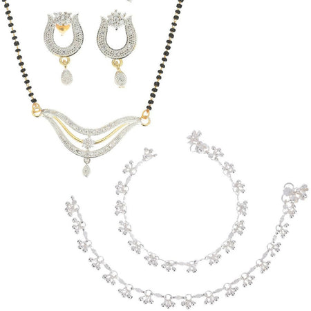 AanyaCentric Gold-Polished Mangalsutra Pendant Earring Set & Silver Plated Anklet