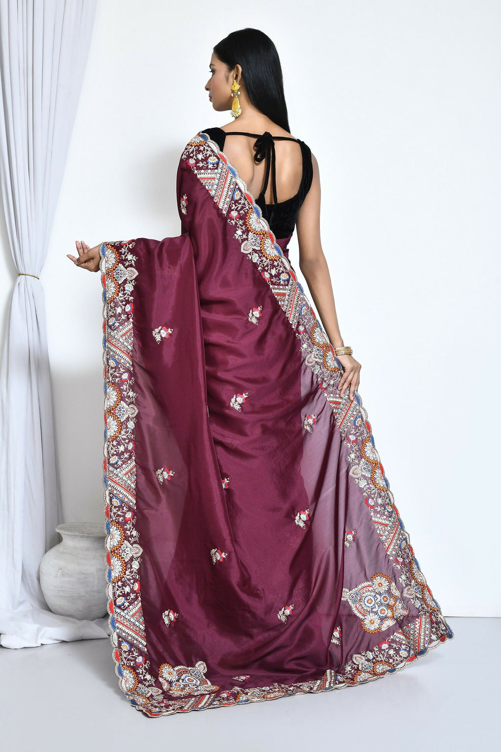 Purple Crepe Silk Sequence Embroidered Saree - Nimaya Benzy