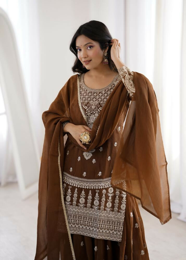 Lehenga Mart Designer Sharara Suit With Kurta, Sharara, Dupatta For Women-Brown - Distacart