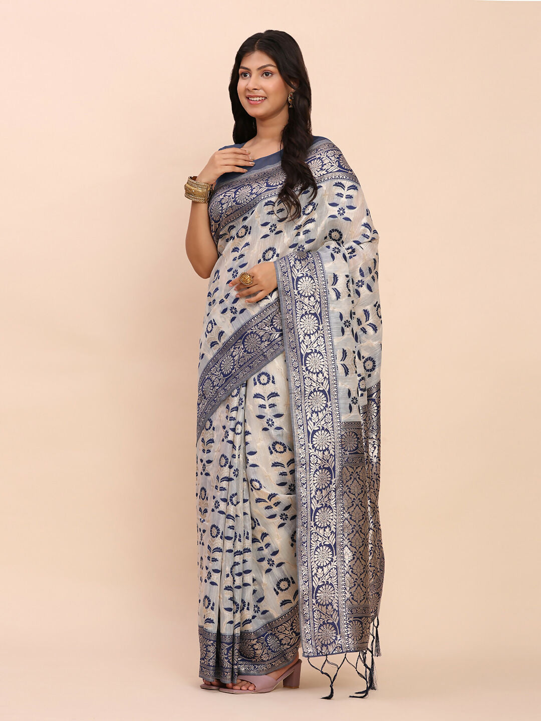 Shree Shyam Fashion Linen Cotton Navy Blue Saree - Distacart