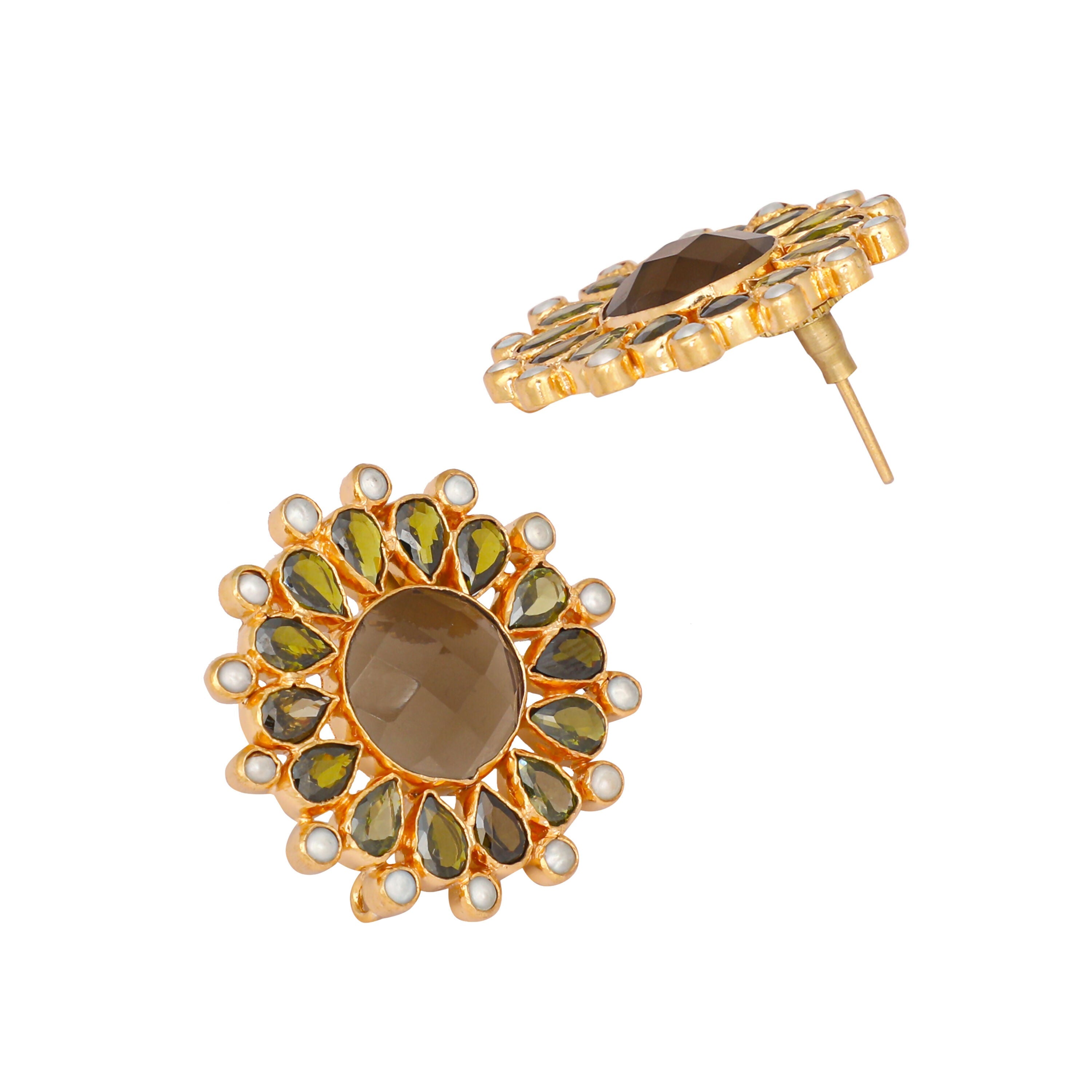Nuyug 22K Gold Plated Faux Smoky Quartz & Crystal Studded Contemporary Floral Studs - Distacart