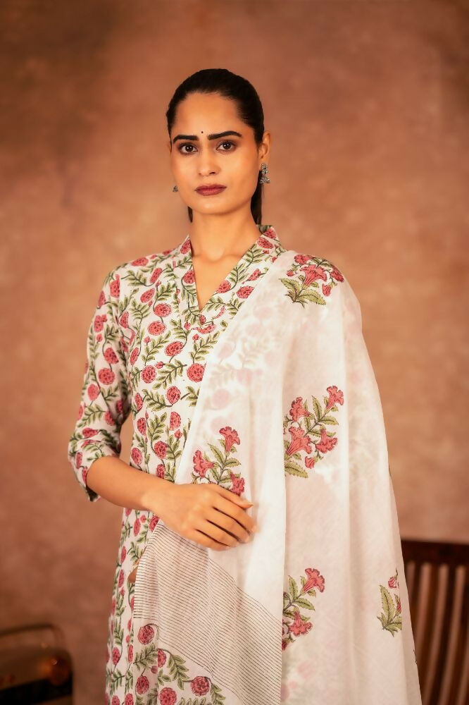 Joban Fashion Red Green Hand Block Printed Cotton Suit Set - Distacart
