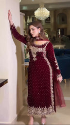 Joban Fashion Wine Velvet Sequence Embroidery Work Kurta Set - Distacart