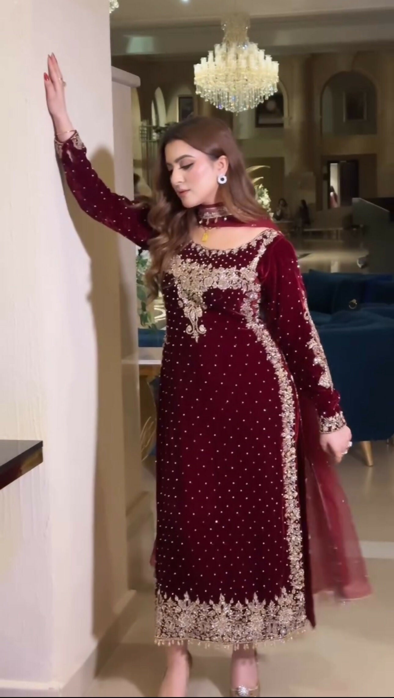 Joban Fashion Wine Velvet Sequence Embroidery Work Kurta Set - Distacart