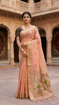 Vastranavya Peach Muga Cotton Meenakari & Munia Weaving Pallu Saree with Contrast Blouse - Distacart