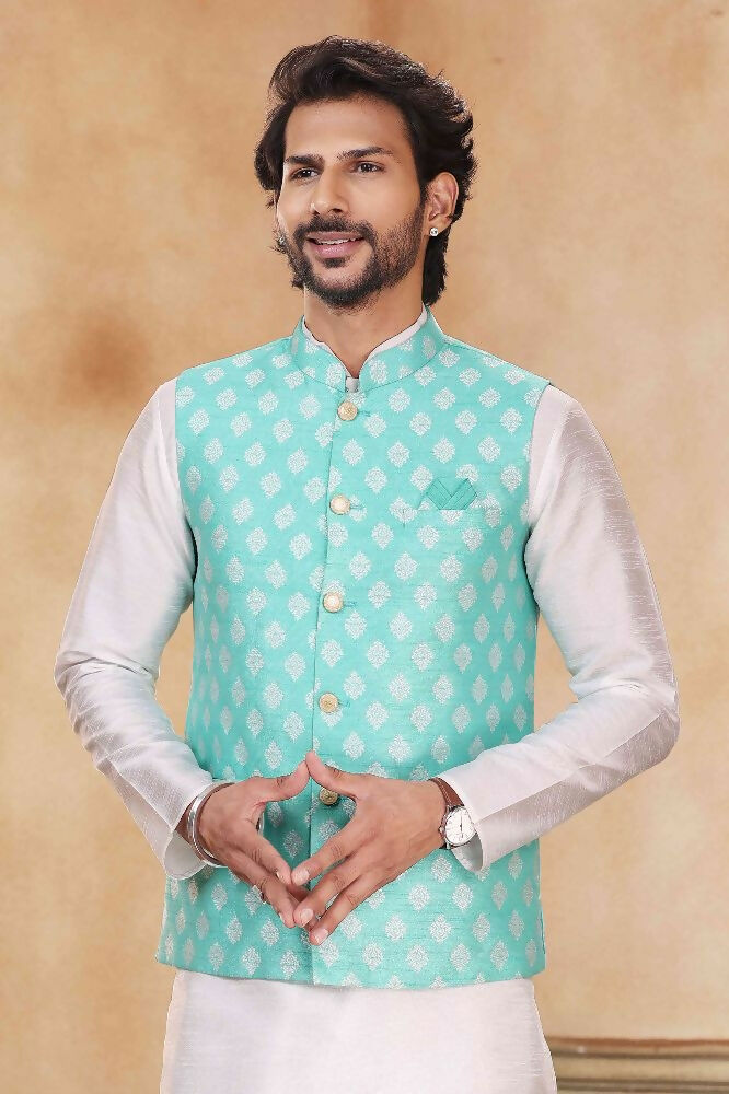 Raivat Ethnic Jacquard Banarasi Silk Woven Work 3 Pics Jacket Set In Sky Blue Colour - Distacart