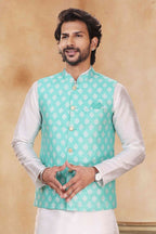 Raivat Ethnic Jacquard Banarasi Silk Woven Work 3 Pics Jacket Set In Sky Blue Colour - Distacart