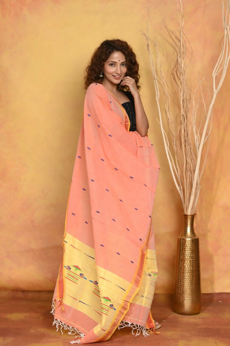 Very Much Indian Handloom Pure Cotton Paithani Dupatta Orange