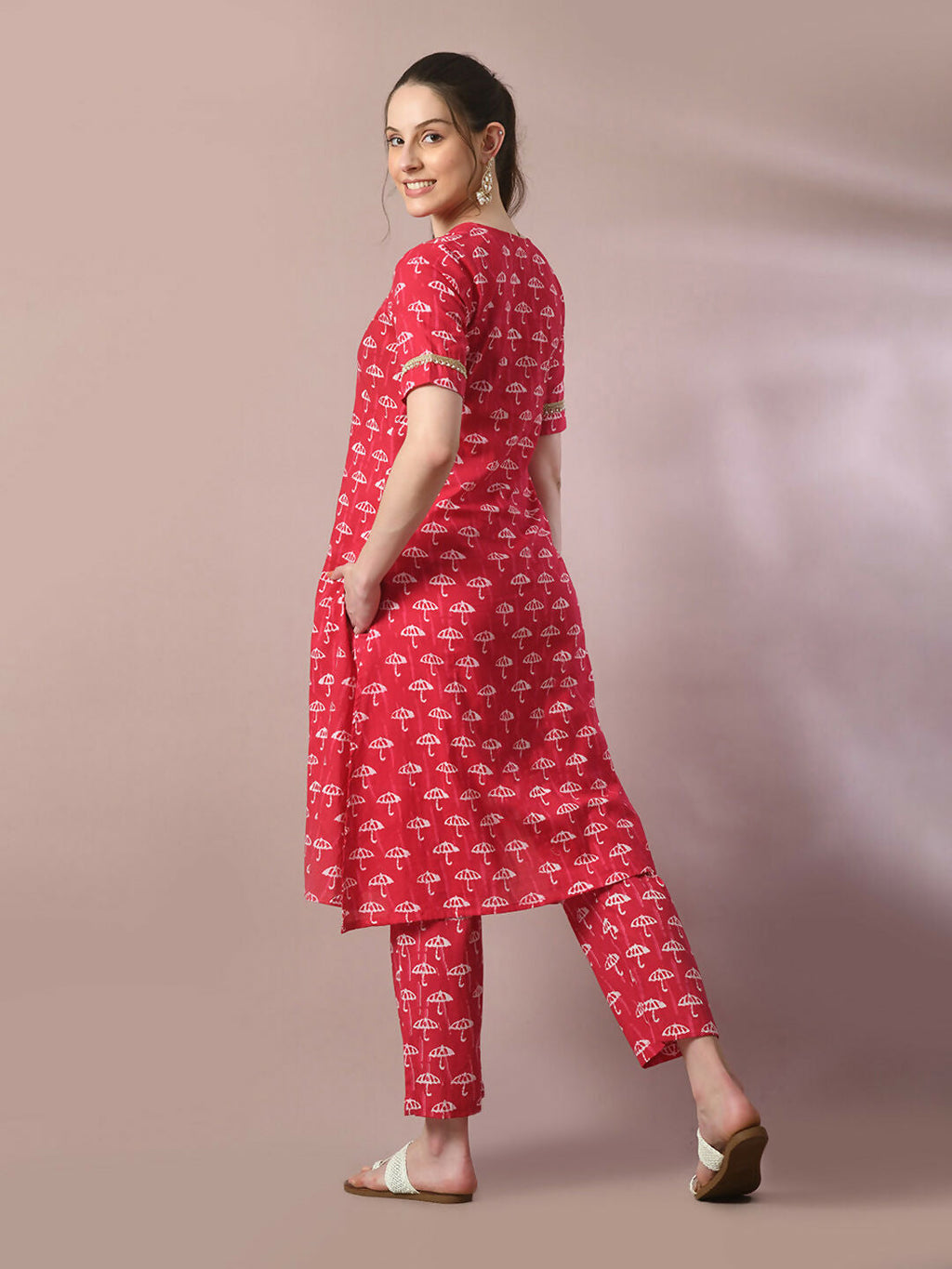 Myshka Women's Pink Printed Cotton Straight Party Kurta Set With Dupatta