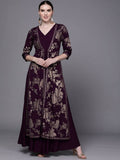 Ahalyaa Women Burgundy Floral Fit & Flare Maxi Ethnic Dress - Distacart
