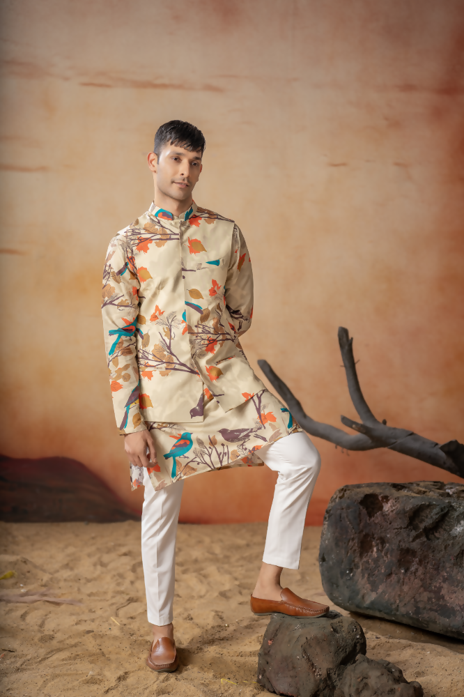 Serenity Bird Themed Print Cotton Nehrujacket Set by Hilo Design