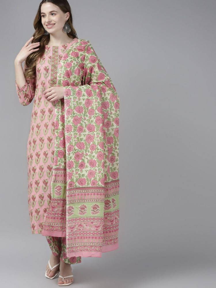 Yufta Women Pink Floral Print Aari Work Pure Cotton Kurta with Palazzo and Dupatta
