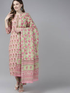 Yufta Women Pink Floral Print Aari Work Pure Cotton Kurta with Palazzo and Dupatta