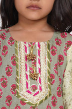 Little Bansi Girls Banarsi Cotton Turkish Lacework Kurta with Foil Sharara & Dupatta - Green
