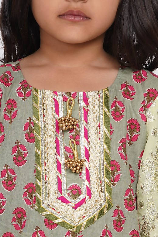 Little Bansi Girls Banarsi Cotton Turkish Lacework Kurta with Foil Sharara & Dupatta - Green
