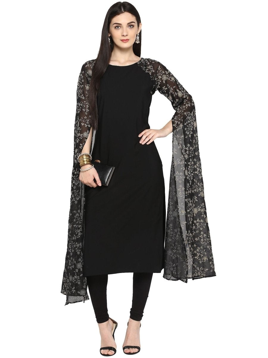 Ahalyaa Women's Black Georgette Rubber Glitter Print Kurta