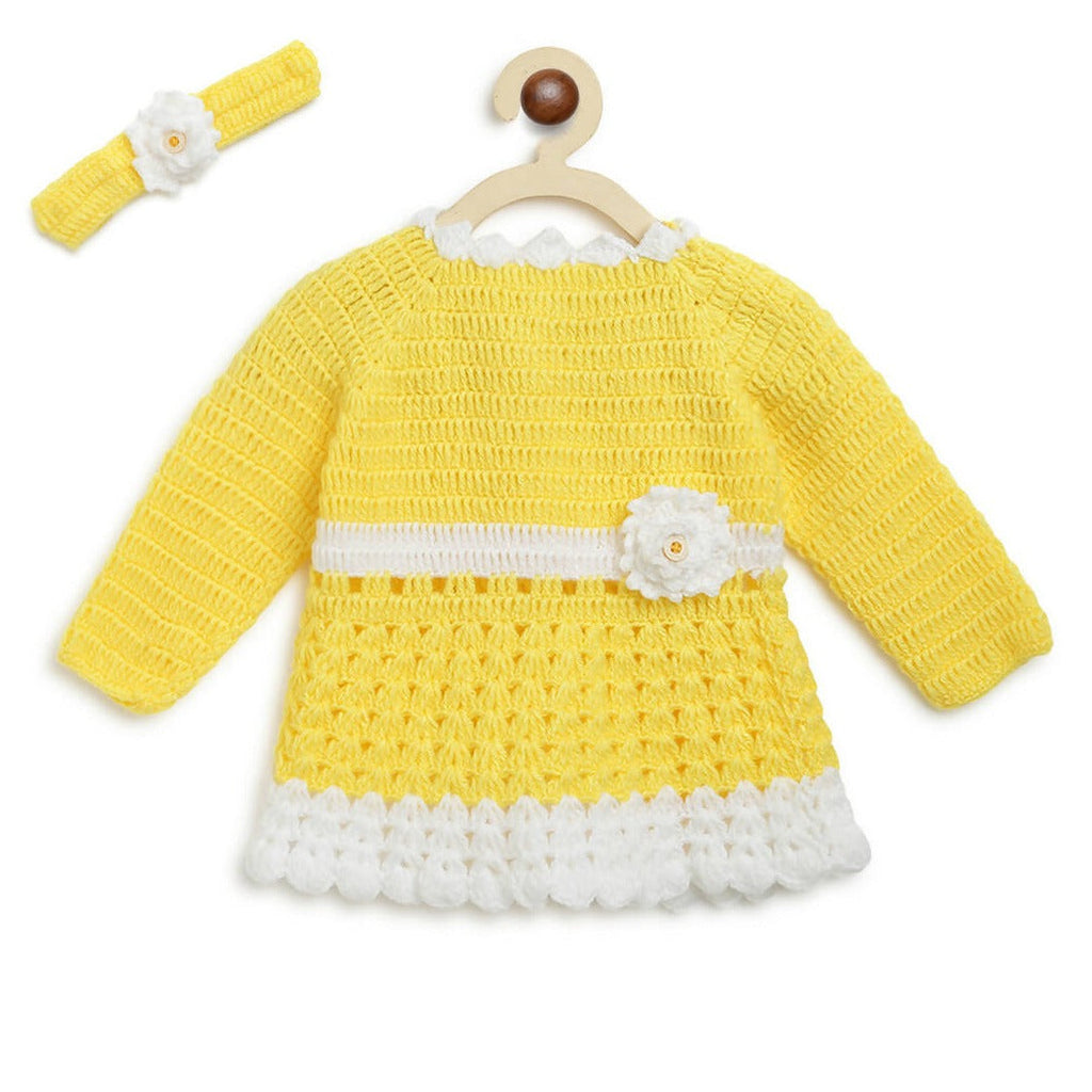 ChutPut Hand knitted Crochet Haldi Wool Dress For Baby Girls - Yellow