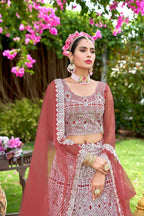Pink Net Embroidered Semi Stitched Lehenga Choli with Dupatta - Bhagya