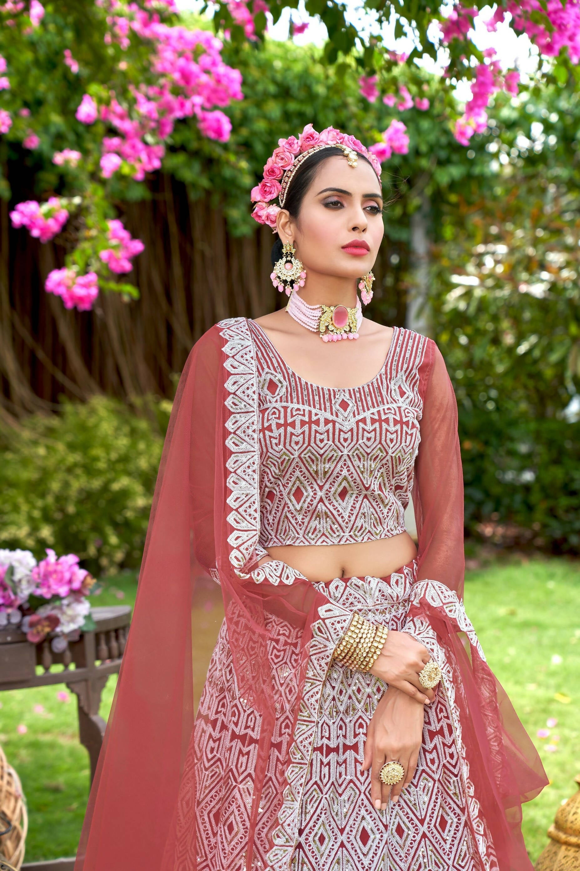 Pink Net Embroidered Semi Stitched Lehenga Choli with Dupatta - Bhagya