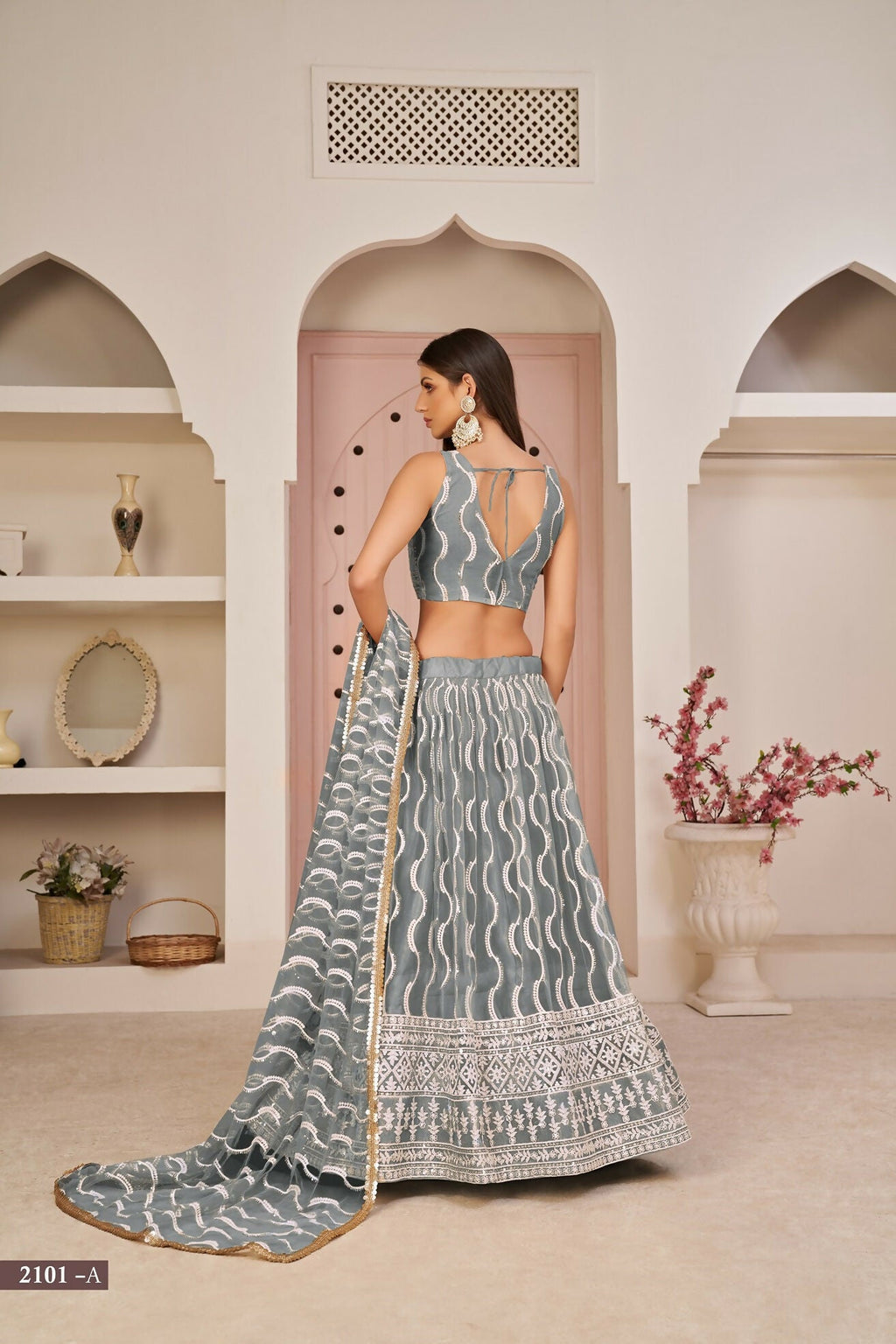 Eilara Mesmerizing Grey Butterfly Net White Cotton Thread Zari Sandwich Sequence Work Lehenga Choli For Wedding