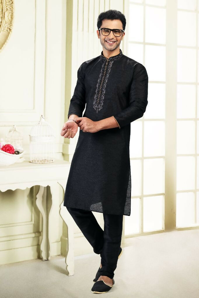 Raivat Ethnic Jacquard Banarasi Silk Thread Work Kurta Pajama In Black Colour - Distacart