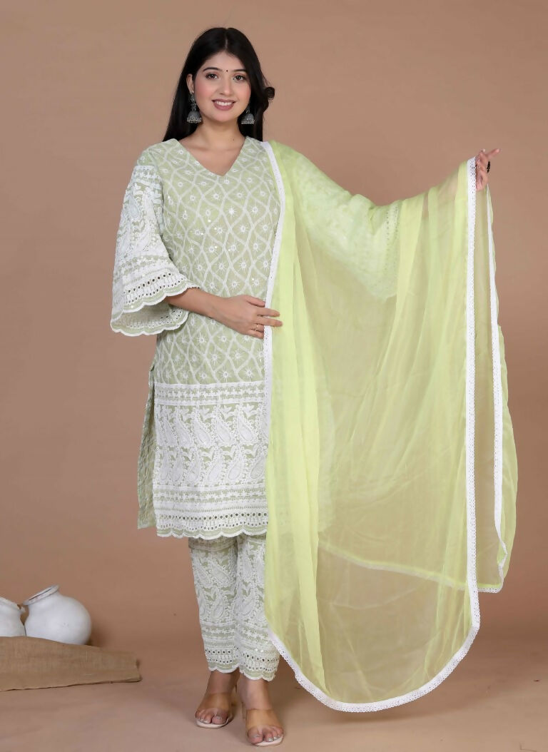 Miravan Women's Chikankari Embroidery Kurta And Palazzo With Dupatta