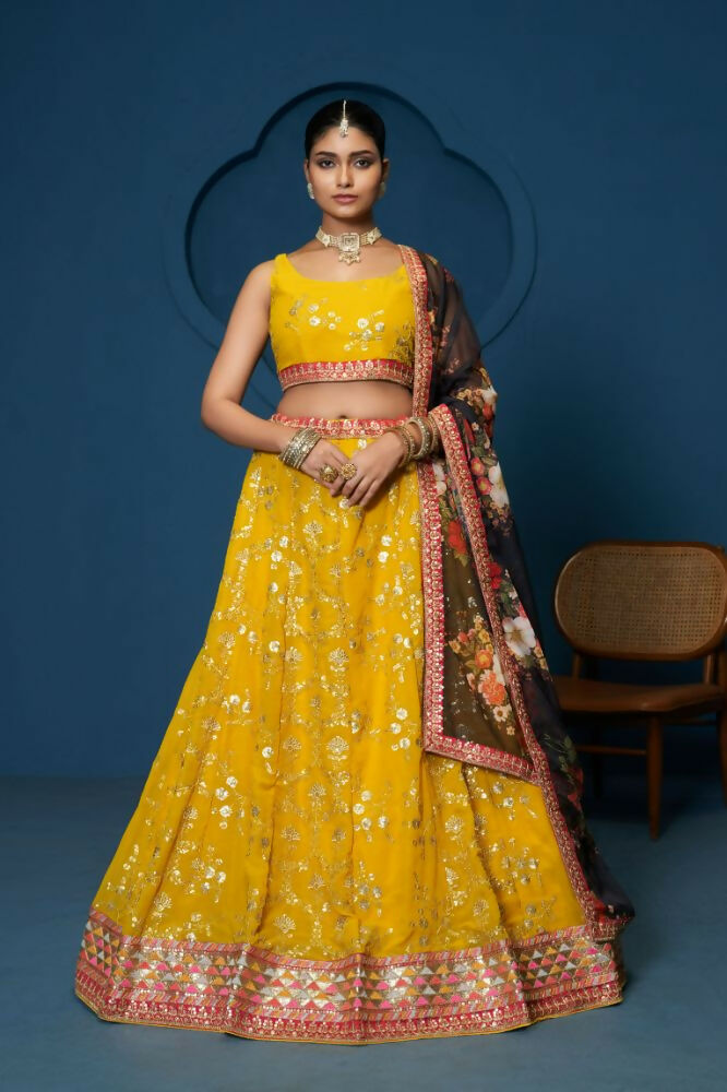 Yellow Floral Georgette Sequence Work Lehenga Choli - Jihu Culture