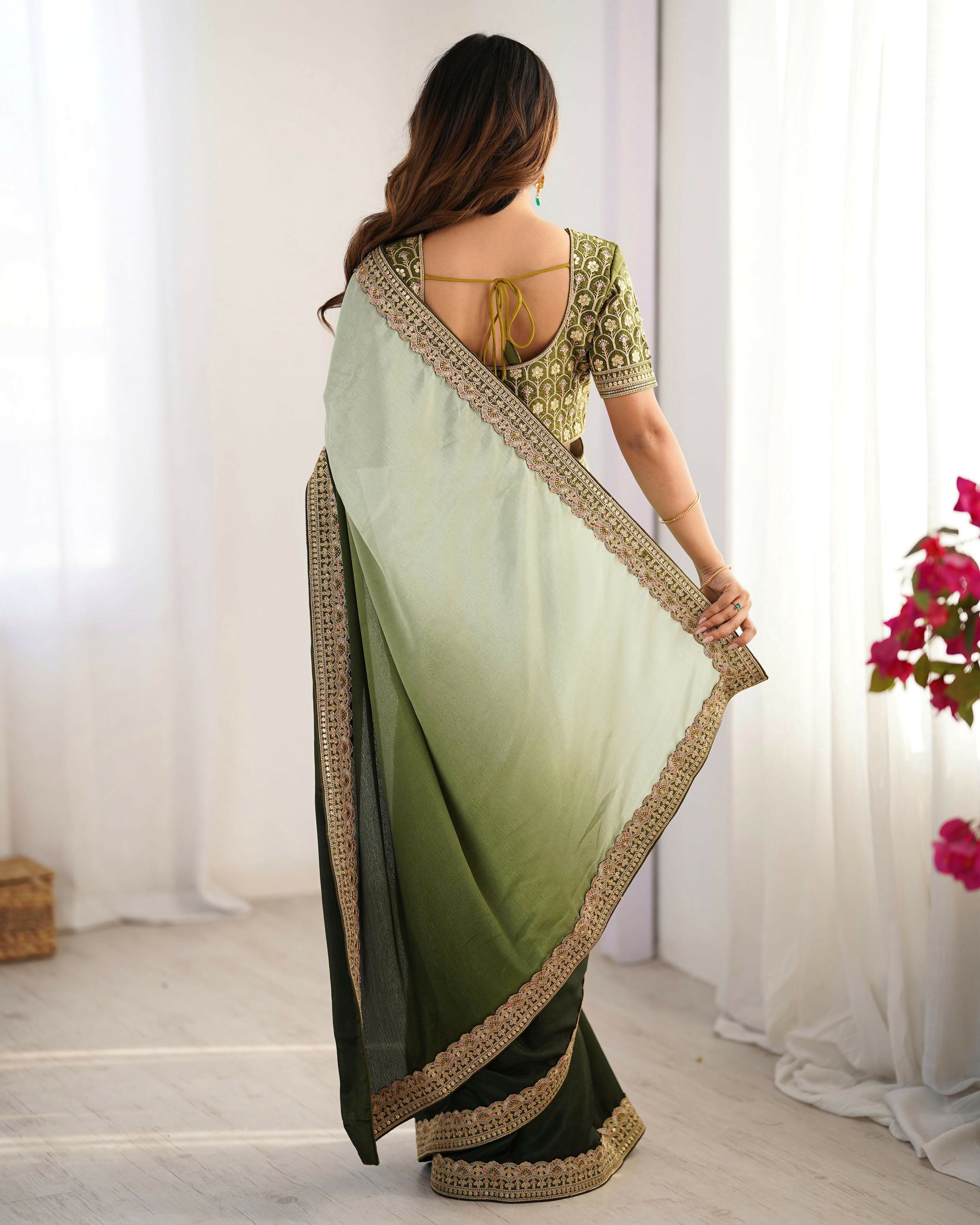 Exclusive Collection Pista Green Party Wear Chinon Salk Saree